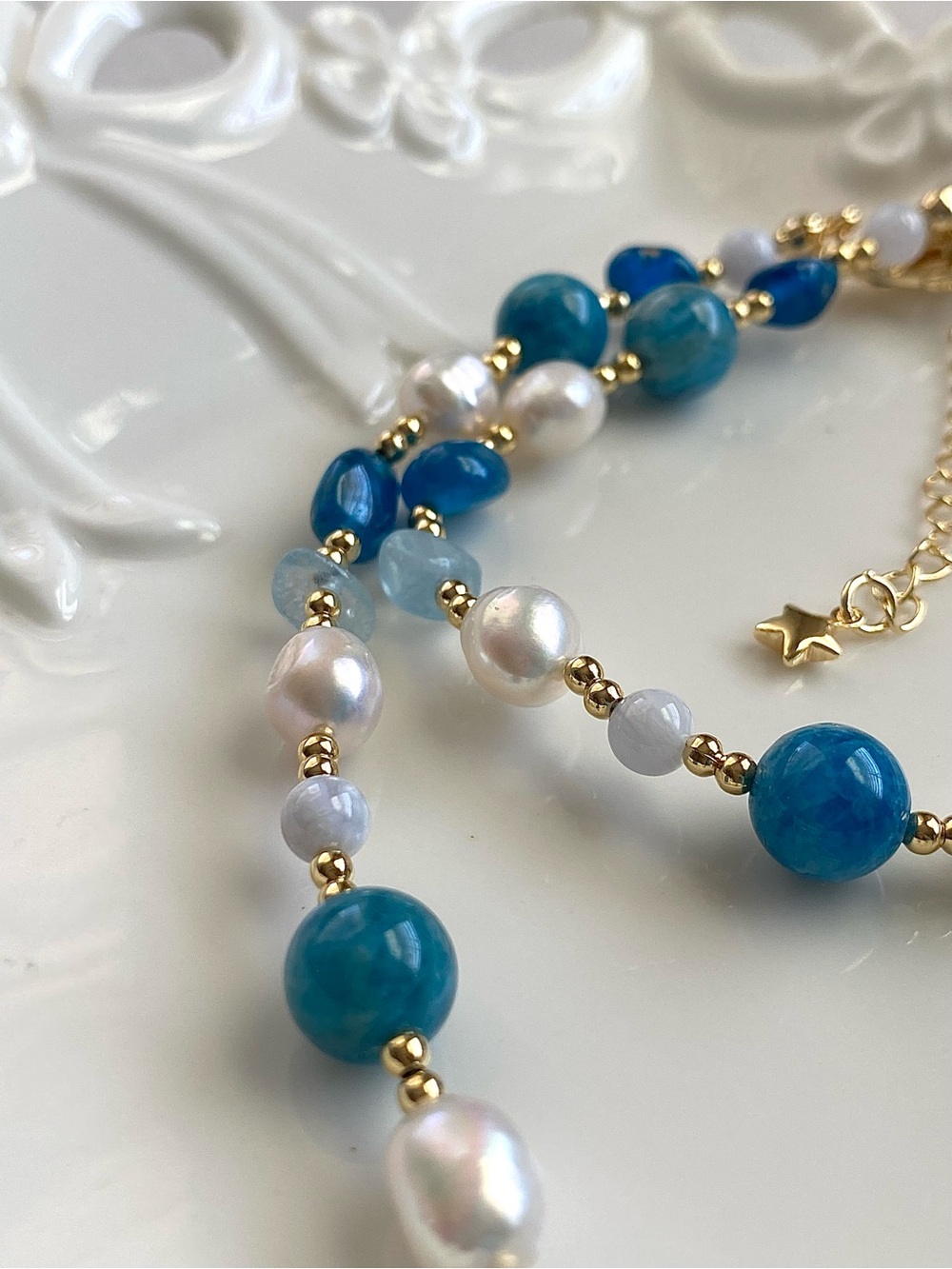 GP71-Handcrafted Apatite And freshwater Pearl Necklace - Picture 7 of 9